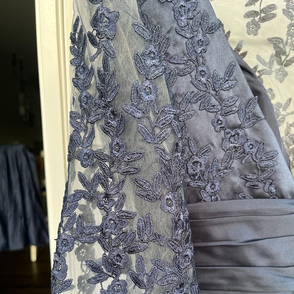 Midnight Blue Formal A-line, Floral Applique, Mesh Polyester Dress